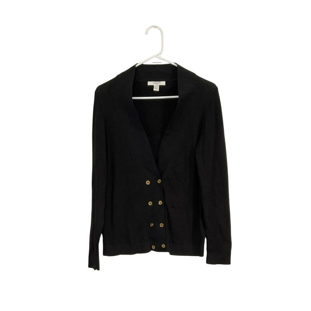 Liz Claiborne Double Breasted Ribbed Cardigan Sz Large Long Sleeve Gold Buttons
